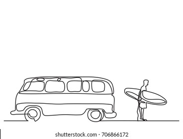 One Line Drawing Of Van And Man With Surfboard On Beach