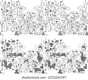 dibujo de una línea de varias expresiones faciales alegres, calmadas y meditativas de diferentes razas de personas que fuman marihuana