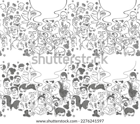 one line drawing of various happy, calm, meditative facial expressions of different races of people smoking weed marijuana