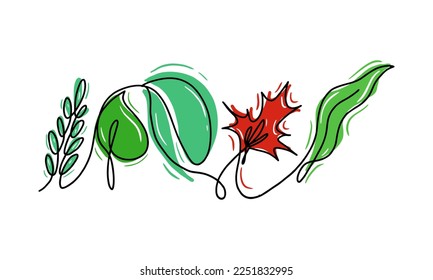 One line drawing of various leaf white background vector illustration.