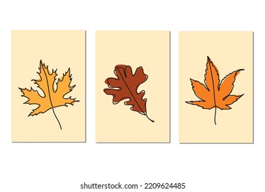 One line drawing of vector autumn leaves. Modern single line art, aesthetic outline. Ideal for home decor such as posters, wall art, printed bag or t-shirt, sticker, mobile phone cas