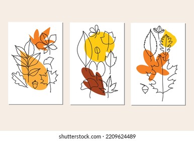 One line drawing of vector autumn leaves. Modern single line art, aesthetic outline. Ideal for home decor such as posters, wall art, printed bag or t-shirt, sticker, mobile phone cas