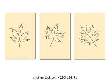 One line drawing of vector autumn leaves. Modern single line art, aesthetic outline. Ideal for home decor such as posters, wall art, printed bag or t-shirt, sticker, mobile phone cas