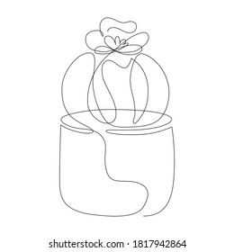 One line drawing vector cactus with flower on top in pot. Modern continuous line art, aesthetic contour. Perfect for home decor such as posters, wall art, tote bag or t-shirt print, stickers