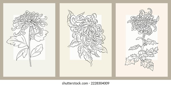 Juego de impresión de las flores de crisantemo con un vector de dibujo de una línea. Afiche botánico de la flor del mes de noviembre. Arte De Línea Moderna, Contexto Estético. Perfecto para decoración en casa, afiches de arte en la pared, logotipo y diseño de tatuajes
