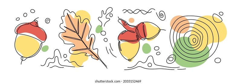 One line drawing vector fall oak leaves and acorns. Single line tree foliage. Minimalism outline art on color spots. Magic autumn	