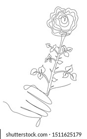 One line drawing of a vector flower, black and white sketch of a rose holds in hand isolated on a white background. One line plant hand drawn illustration