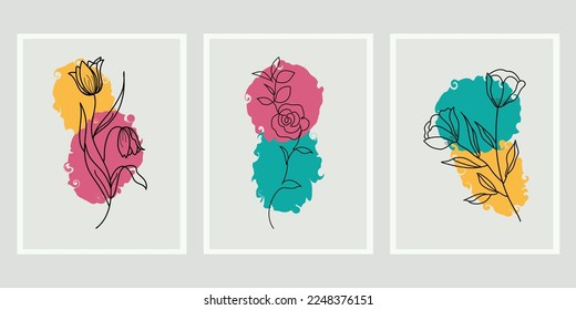 One Line Drawing Vector Flowers Print Set with Backgrounds. Botanical Poster. Modern Line Art, Aesthetic Contour. Perfect for Home Decor, Wall Art Posters, or t-shirt Print, Mobile Case.