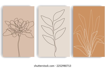Juego de impresión de un vector de dibujo de línea. Afiche botánico. Moderno Arte De Una Línea, Contexto Estético. Perfecto para decoración en casa, afiches de arte en la pared o estuche móvil para camisetas. Dibujo continuo de líneas