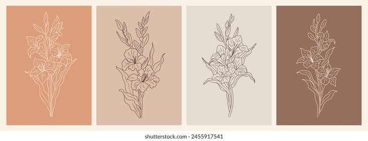 One Line Drawing Vector Gladiolus Flowers Print Set. Botanical Poster. Modern Single Line Art, Aesthetic Contour. August birth month flower outline drawings on terracotta background. Hand made, not AI