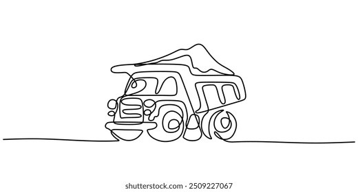 One line drawing vector illustration of a big dump truck. Minimalist representation of a large construction truck.