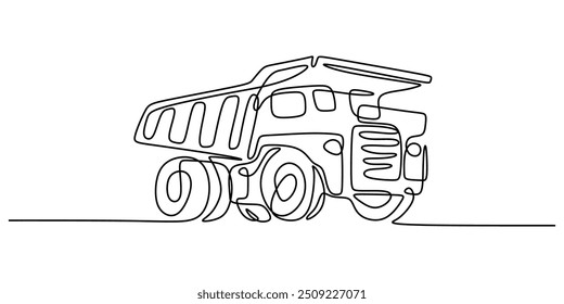 One line drawing vector illustration of a big dump truck. Simplistic design of a large vehicle used in construction.