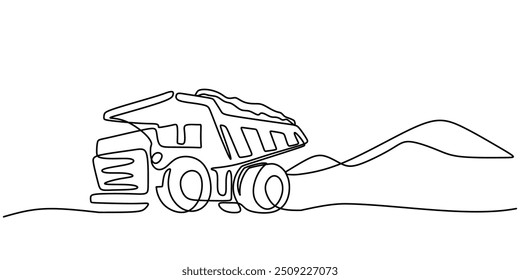 One line drawing vector illustration of a big dump truck. Minimalist style showcasing a large construction truck.