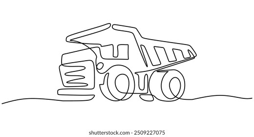 One line drawing vector illustration of a big dump truck. Simplistic and clear representation of a large construction vehicle.