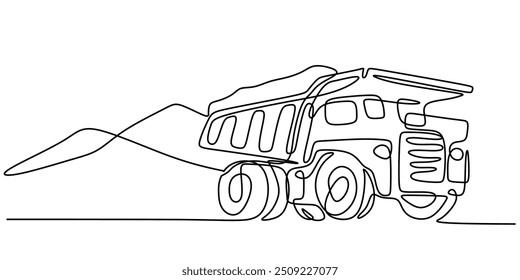 One line drawing vector illustration of a big dump truck. Simplistic and clean depiction of a major construction vehicle.