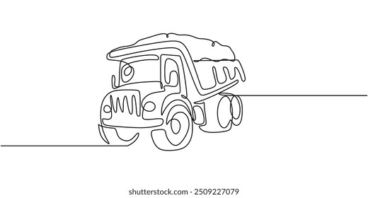 One line drawing vector illustration of a large dump truck. Simplistic design highlighting a big construction vehicle.