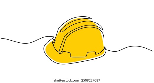 One line drawing vector illustration of an industrial safety helmet in yellow. Simple and clear depiction of safety equipment.