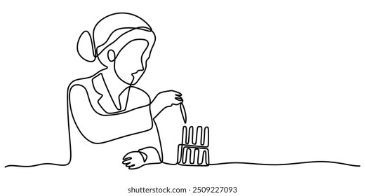 One line drawing vector illustration of a scientist working with chemical bottles. Depicting chemical reactions in a minimalist style.