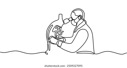 One line drawing vector illustration of a scientist researching with a microscope. Simplistic scientific study.