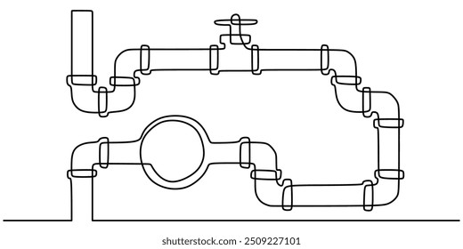 One line drawing vector illustration of a complex industrial piping system with a valve. Simplistic industrial design.