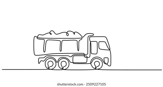 One line drawing vector illustration of a large dump truck. Simplistic design of a big construction vehicle.