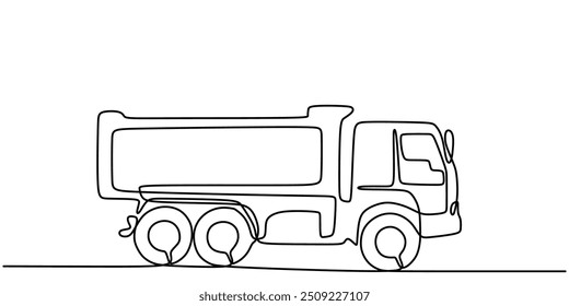 Una línea dibujando la Ilustración vectorial de un camión de volteo. Representación minimalista de un vehículo de construcción.
