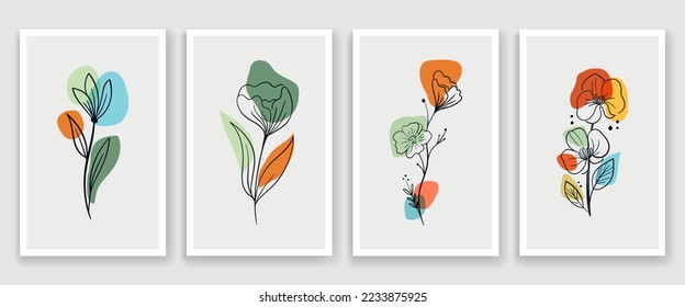 Un Vector De Dibujo De Línea Deja Las Impresiones Establecidas. Afiche botánico. Moderno Arte De Una Línea, Contexto Estético. Perfecto para decoración en casa, afiches de arte en la pared o estuche móvil para camisetas. Dibujo continuo de líneas