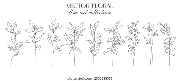 One Line Drawing Vector Leaves Branch Set. Botanical Single Line Art, Aesthetic Contour. Perfect for Home Decor, Wall Art, Posters, Tote bag or T-shirt Print, Sticker, Mobile Case, Social Media.