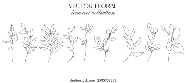 One Line Drawing Vector Leaves Branch Set. Botanical Single Line Art, Aesthetic Contour. Perfect for Home Decor, Wall Art, Posters, Tote bag or T-shirt Print, Sticker, Mobile Case, Social Media.