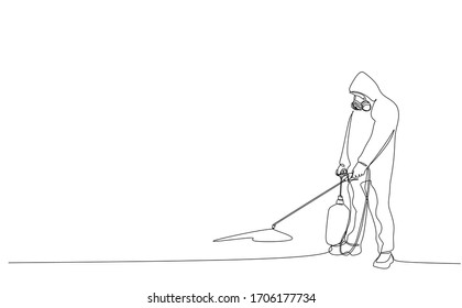 One line drawing vector of a man in protective suit  and spreying disinfectant to prevent virus infection