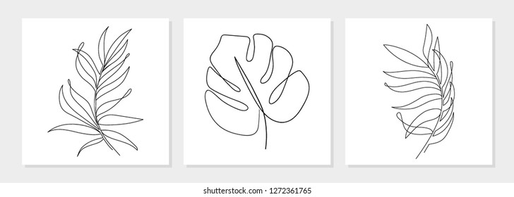 One line drawing vector monstera leaf and palm tree leaves. Modern single line art, aesthetic contour. Perfect for home decor such as posters, wall art, tote bag or t-shirt print, sticker, mobile case - Shutterstock ID 1272361765