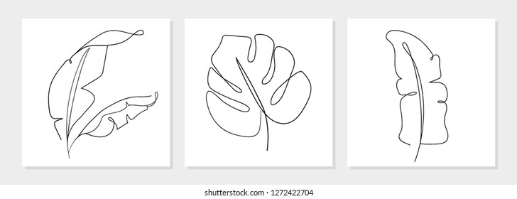 One line drawing vector monstera leaf and banana tree leaves. Modern single line art, aesthetic contour. Perfect for home decor such as posters, wall art, tote bag, t-shirt print, sticker, mobile case