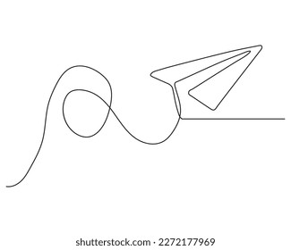 Plano de papel vectorial de dibujo de una línea. Una metáfora de negocios continua y única, a mano, de la creatividad y la libertad del minimalismo de ilustración de avión artesanal.
