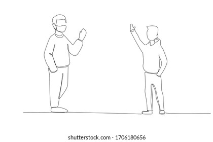 One line drawing vector of people doing social distancing to prevent virus infection