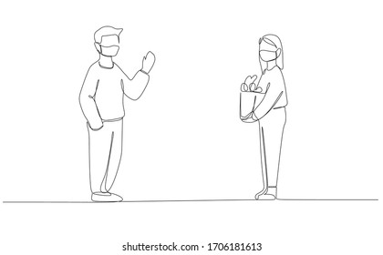 One line drawing vector of people doing social distancing to prevent virus infection