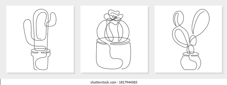 One line drawing vector set cacti in a pot. Modern continuous line art, aesthetic contour. Cactus succulent collection for poster, wall art, tote bag or t-shirt print, logo, sticker, mobile case