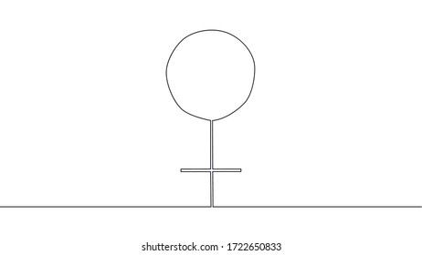 Eine Linie, die das Symbol der Venus-Linie, das Umrisszeichen, ein lineares Piktogramm einzeln auf Weiß zeichnet.