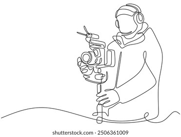 One line drawing of a videographer, cameraman, or operator holding a camera, capturing a movie or broadcasting news. Continuous line vector illustration.