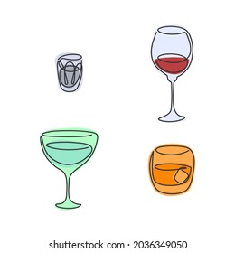 Una línea dibujando el vodka vino vermouth whiskey glass sobre fondo blanco. Dibujo gráfico de dibujos animados de color. Camino continuo de la línea. El concepto de bebidas de fiesta dibujado a mano. Estilo de dibujo a mano libre. Vector.