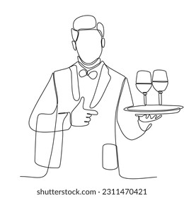 One line drawing of a waitress standing with a tray filled with drinking glasses to offer to restaurant guests. Modern continuous line draw graphic design vector illustration