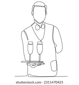 One line drawing of a waitress standing with a tray filled with drinking glasses to offer to restaurant guests. Modern continuous line draw graphic design vector illustration