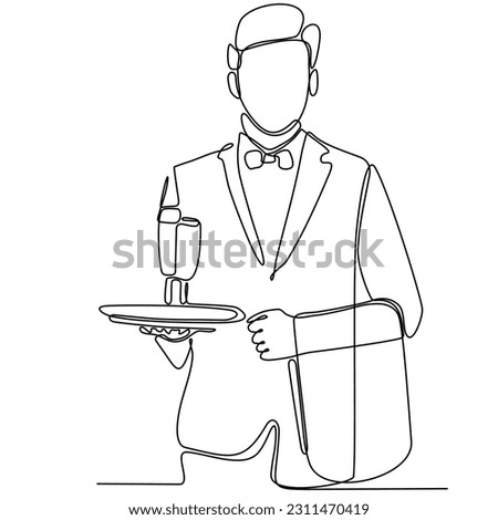 One line drawing of a waitress standing with a tray filled with drinking glasses to offer to restaurant guests. Modern continuous line draw graphic design vector illustration