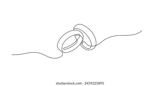 One line line drawing of wedding rings. Romantic elegance concept and symbol of engagement proposal and marriage invitation in simple linear style. Wedding. Doodle vector illustration