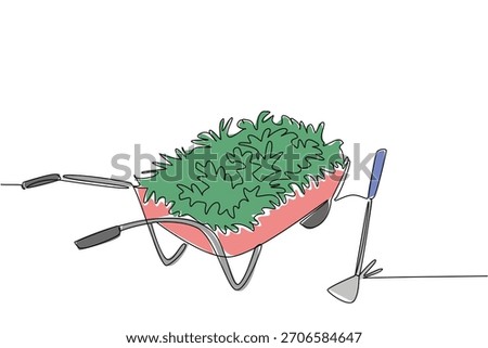 One line drawing of a wheelbarrow overflowing with weeds or garden refuse, next to small gardening tools such a hoe, symbolizing the effort and bounty of garden cleanup. National Weed Your Garden Day