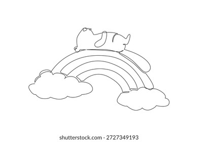 Dibujo de una línea de un castor trabajador y caprichoso que se relaja en una posición supina en un arco iris entre dos nubes. Concepto de la Naturaleza de la criatura de la vida silvestre, perfecto para la impresión del vivero y la decoración de la pared de los niños 