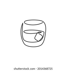 One line drawing whiskey glass on white background. Object for celebration design. Black white cartoon graphic sketch. Continuous line way. Hand drawn party drinks concept. Freehand drawing style.
