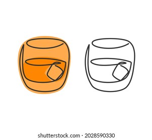 One Line Drawing Whiskey Glass On White Background. Two Kinds Colored Cartoon Graphic Sketch And Black White. Continuous Line Way. Hand Drawn Party Drinks Concept. Freehand Drawing Style. Vector.