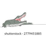 One line drawing of wild giant crocodile resting on the ground with fully open mouth. Tropical wildlife animal concept for World Croc Day internet social media campaign post graphic poster.