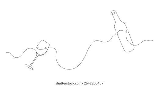 One line drawing of wine bottle and glass. Minimalist continuous line sketch of alcohol drink in elegant linear style. Simple doodle for bar, restaurant or wine label design.