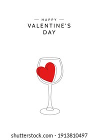 One line drawing of wineglass with red heart on white background. Modern vector illustration for Valentine's day greeting card